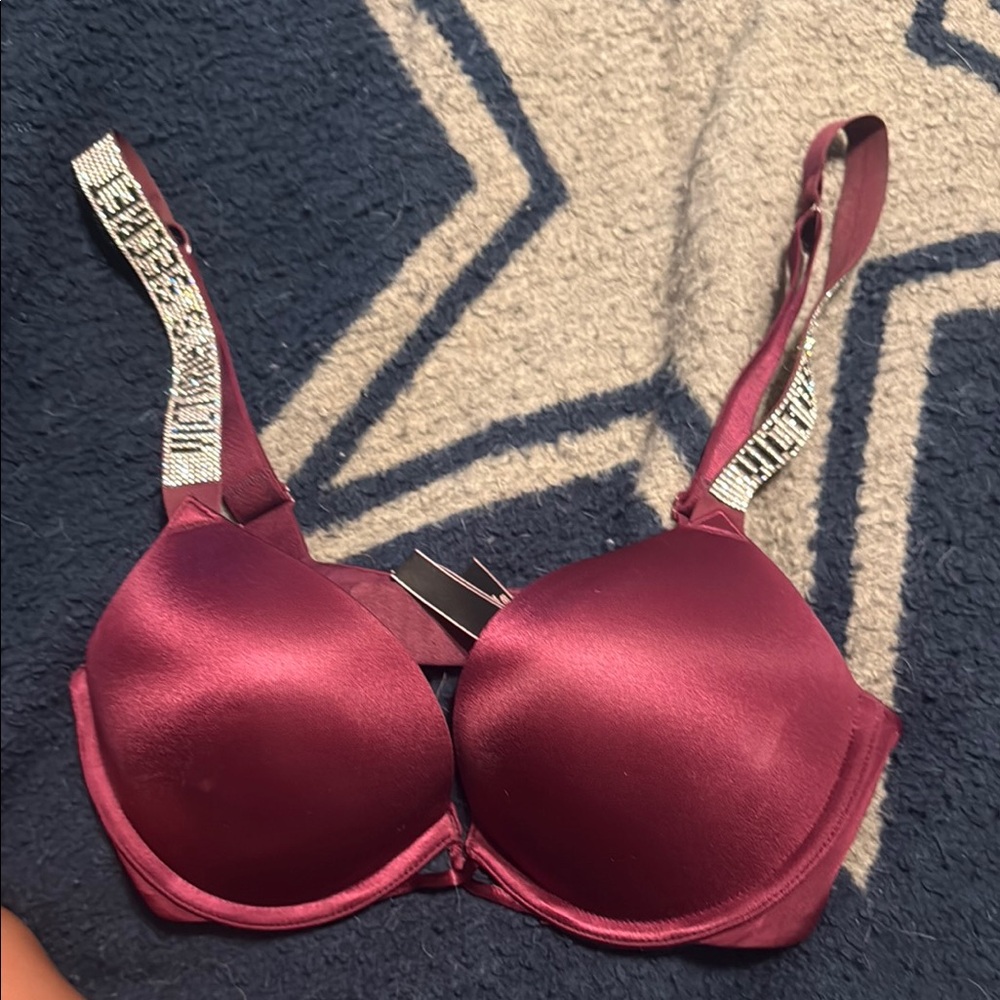 Victoria's Secret Bombshell Red Satin Bra with Rhinestone Embellishments